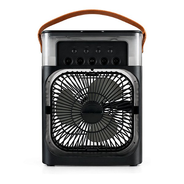 Mini Ventilador Climatizador Portátil 5V, Corrente de Saída 2A com Resfriamento por Névoa 10W, LED Colorido, USB Tipo-C e Reservatório de Água - Preto