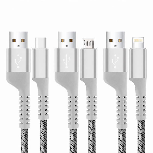 Cabo Lightning / USB-A | Micro USB -A |Tipo C / USB-A 1M Nylon Trançado, Carregamento Rápido 3A e Transferência de Dados 480Mbps - Branco - Fish Kevlar