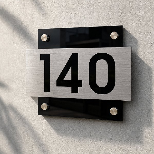 Placa Com Número Residencial em Acrílico e Aço Inox Escovado 35x30cm