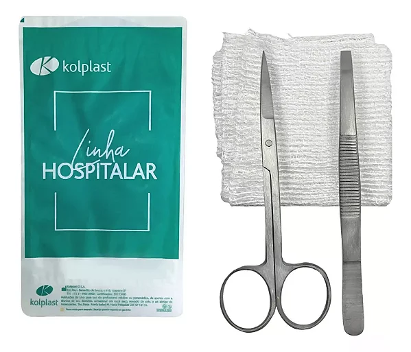 Kit Retirada De Pontos Kolplast Estéril Tesoura Íris + Pinça + Gaze