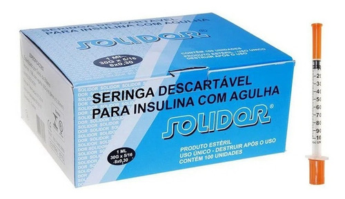 Seringa de Insulina Solidor 1 ml com agulha caixa com 100 Unidades - Solidor