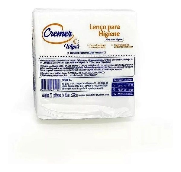Lenço Para Banho Higiene Wipes Não Tecido Cremer Pacote Com 50 Unidades