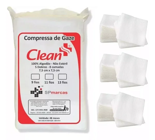 Compressa De Gaze Clean 100% Algodão Não Estéril pacote 500 unidades