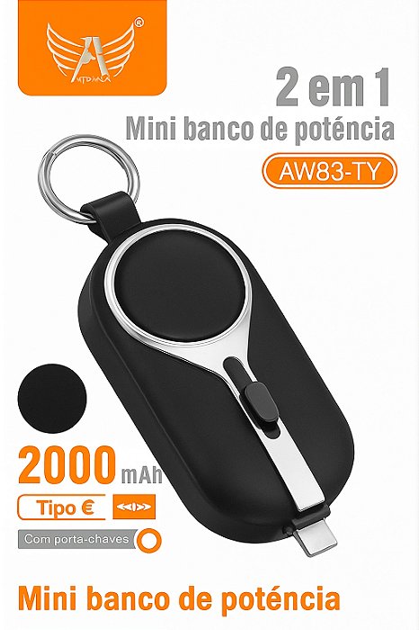 Mini Carregador portatíl Power Bank Altomex AW83-TY – 2000mAh Tipo-C com Porta-Chaves (chaveiro)| 2 em 1