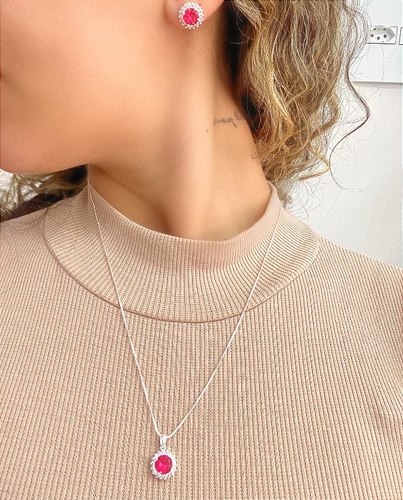 Conjunto Colar Cravejado Rosa