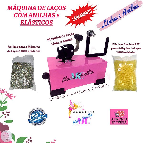 Máquina de Fazer Laços Cor Rosa + Pacote de Anilhas + Elásticos PET