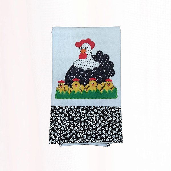 Pano de prato em Patch Aplique - Galinha com pintinhos