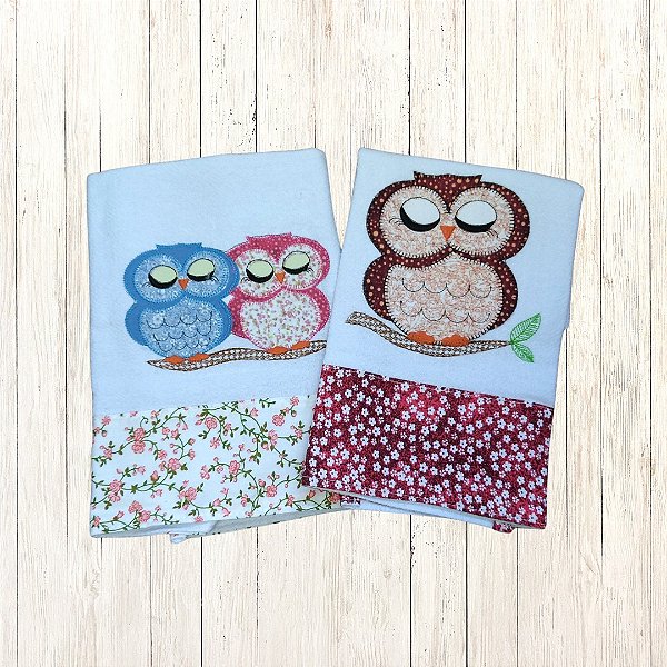 Kit com 2 Panos de Prato Brancos - Patch Aplique Corujas