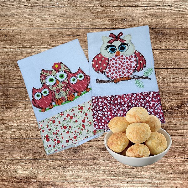 Kit com 2 Panos de Prato - brancos - Patch Aplique - Corujas