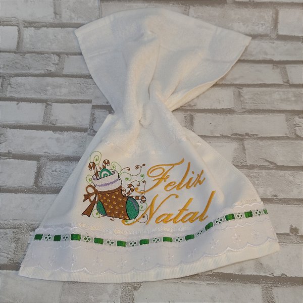 Toalha de Mão / Lavabo - Branca - Bordada - Feliz Natal