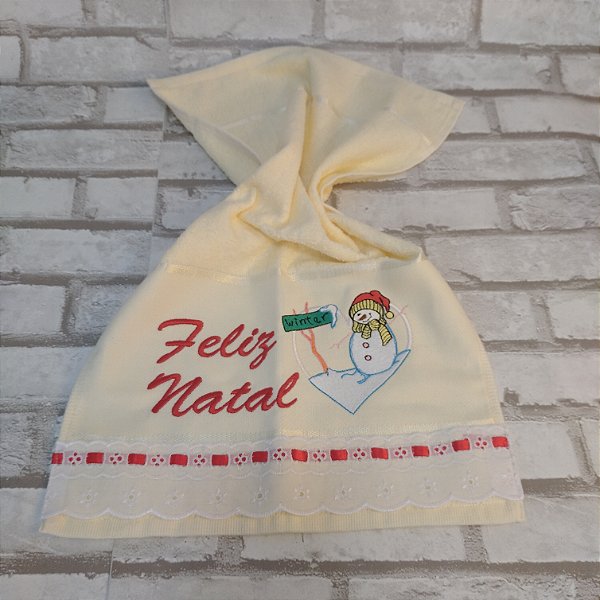 Toalha de Mão / Lavabo - Amarelo Claro - Bordada - Feliz Natal