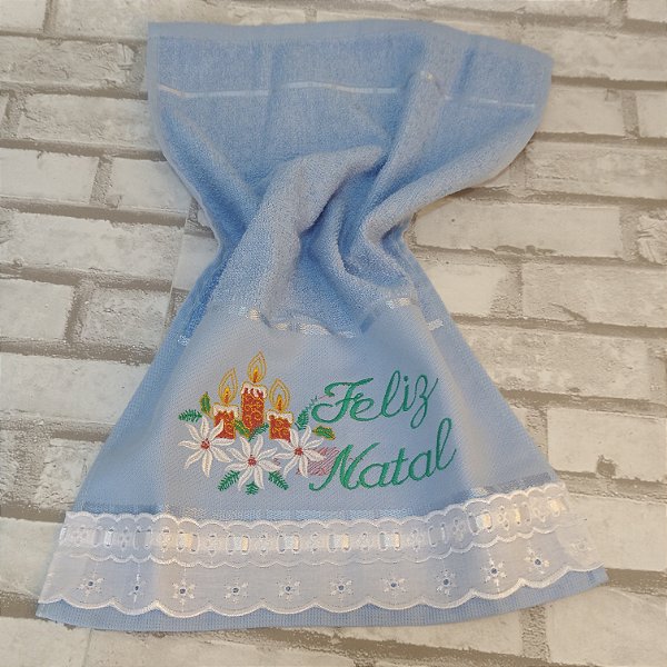 Toalha de Mão / Lavabo - Azul - Bordada - Feliz Natal