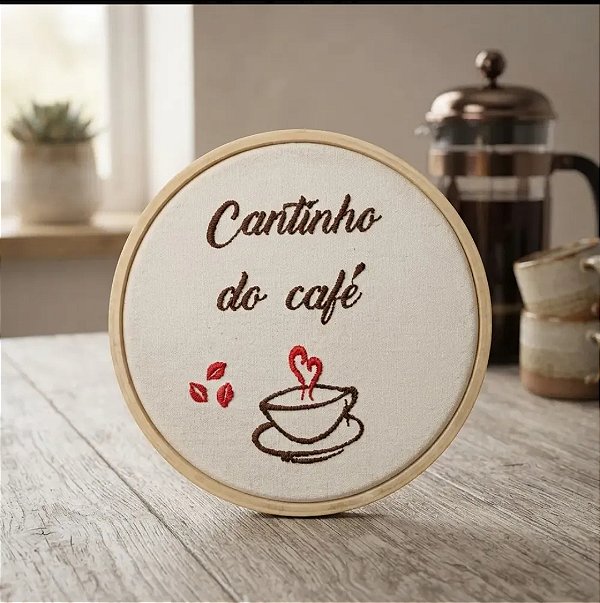 Quadro Decorativo Bordado - Cantinho do Café - 16cm de diâmetro