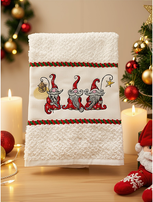 Toalha de Rosto Bordada - Branca - Gnomos de Natal
