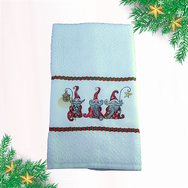 Toalha de Rosto Bordada - Branca - Gnomos de Natal