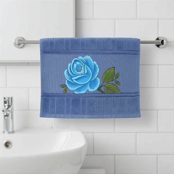 Toalha de Mão / Lavabo / Visita Azul Marinho - Pintada à Mão - Rosa Azul