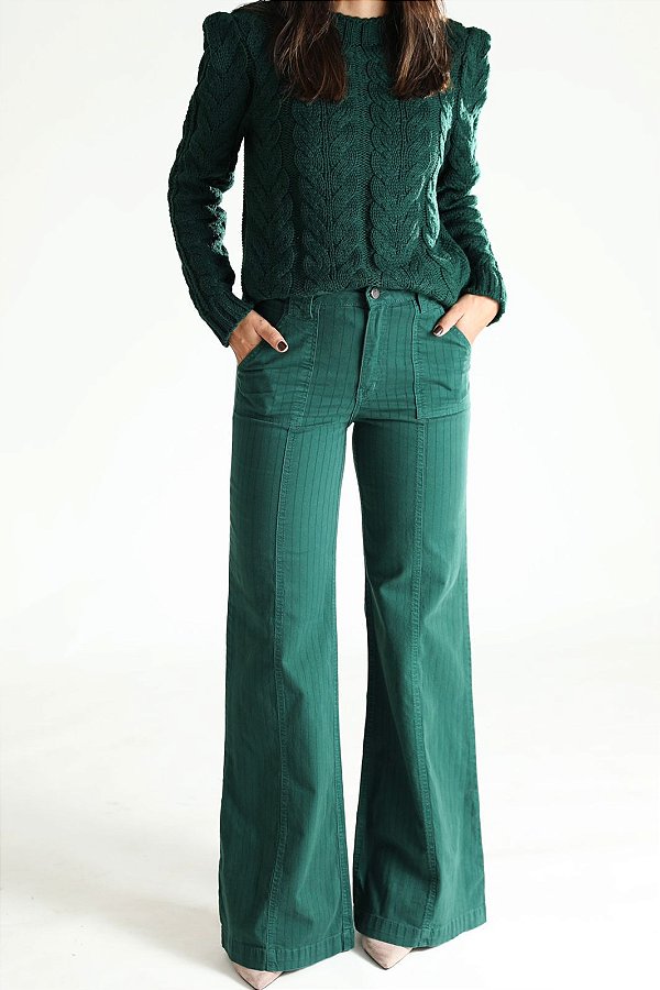 Calça Pantalona Risca de Giz Verde - Lisse