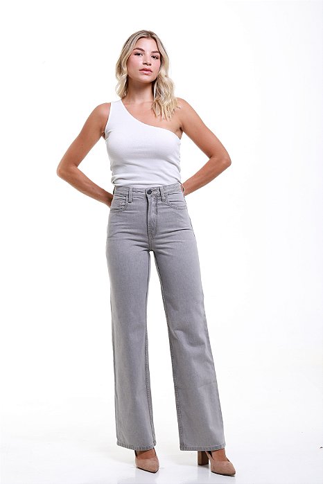 Calça Wide Leg Sarja Cinza - Jaú