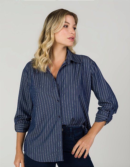 Camisa Azul Escuro Listrada - Olívia