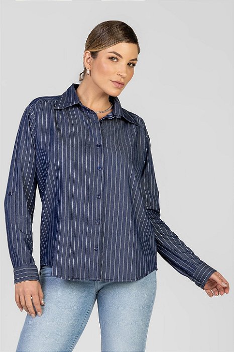 Camisa Azul Escuro Listrada - Olívia