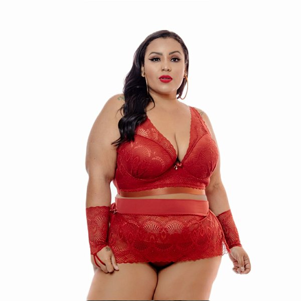 Conjunto em microfibra com detalhe em renda com saia