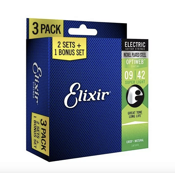 Encordoamento 09 Super Light Guitarra Optiweb 16550 Elixir - Pack Com 3 Jogos