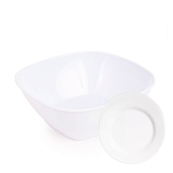 Kit Conjunto Salada 2 Tigelas 4 Pratos em Melamina Branco