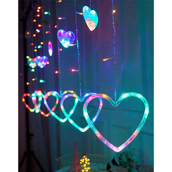 Cascata Coração Leds Coloridos 8 funções de Cores 2,5m 110v