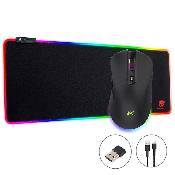 Kit Mouse Gamer Hibrido RGB Sem Fio Mousepad Grande Com Led