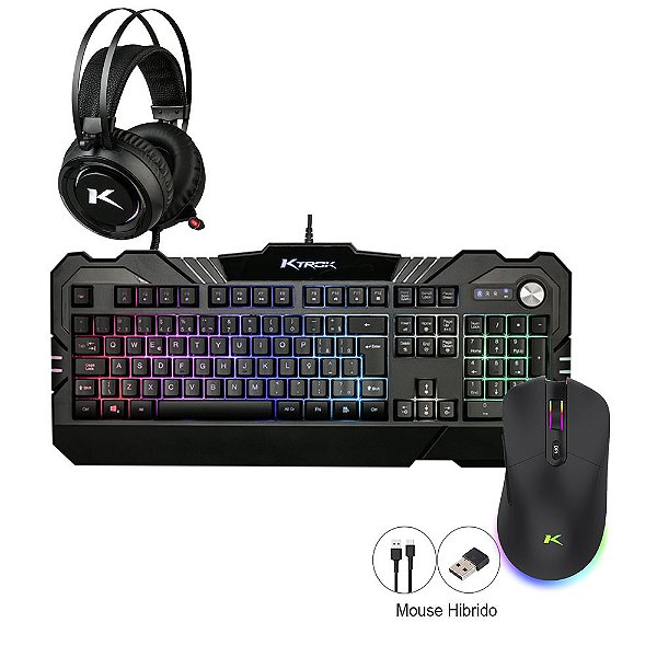 Kit Gamer Mouse sem fio Teclado Semi Mecanico e Headset RGB