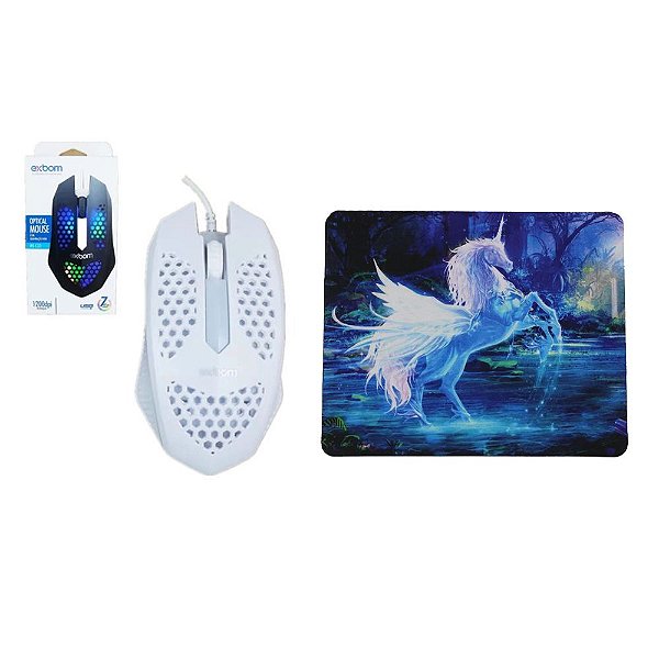 Kit Gamer Mouse Com Led e Mousepad Unicornio Infantil