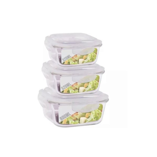 Conjunto 3 Pote Vidro Hermético 3 Tamanho Marmita Kit Quadra