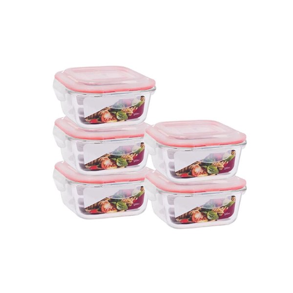 Kit 5 Potes Vidro Hermético Trava Quadrado 520ml Marmita