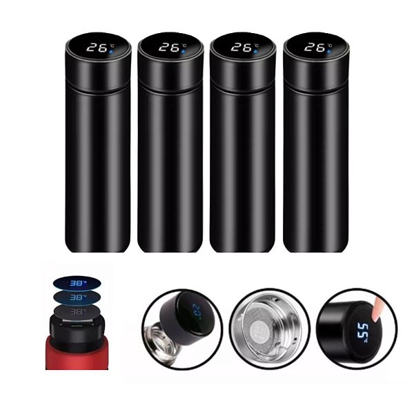 Kit 4 Garrafas Térmica Aço Inox Termômetro Led Digital 400ml
