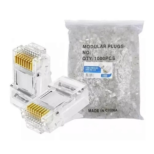 Pacote c/ 1000un Conector Vazado RJ45 Cat5 Cat6 Cabo De Rede