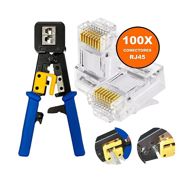 Kit C/ 100 Conector Vazado Cat5 + Alicate RJ45 Cabo de Rede
