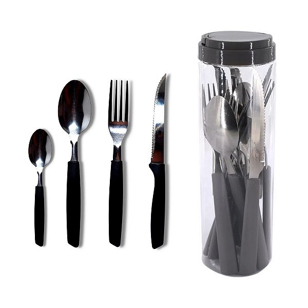 Jogo de Talheres Faqueiro Clássico 24 pçs Preto Lâmina Aço