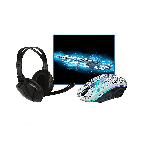 Kit Gamer Mouse Branco Knup V-14 com led, Headset e Mousepad