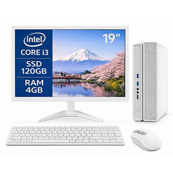Computador MultiPc Completo Slim Branco I3 6ª Geração 4GB SSD 120GB Win11 C/ Teclado e Mouse S/ Fio e Monitor 19