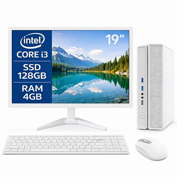 Computador Slim Branco I3 8ª Gen RAM 8GB SSD 256GB Windows 11 Completo com Monitor 19", Teclado e Mouse S/ Fio