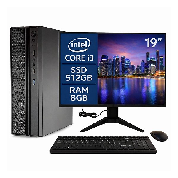 Computador MultiPC Slim Completo I3 8ªGeração 8GB SSD 512GB Win11 + Monitor 19" + Kit Office Sem Fio