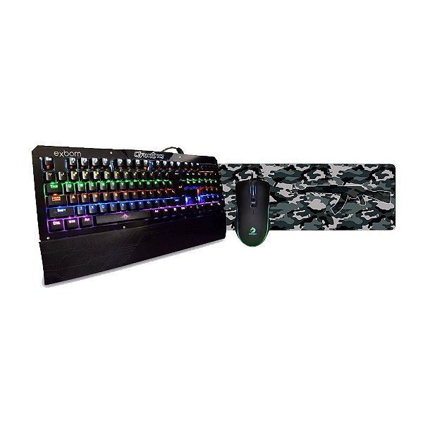 Kit Gamer Megatumii Military RGB Teclado Mecanico Mouse Gamer 6.400 DPI e Mouse Pad EXTENDED