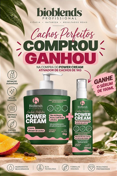 Creme Ativador de Cachos Power Cream 1kg + Sérum 150ml Grátis