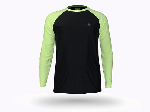 Camiseta Masculina Raglan com Proteção Solar UV 50+ Plus Size Cor Preto / Limão