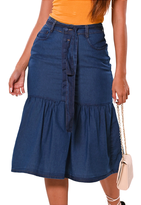 Saia Midi de Botões Jeans