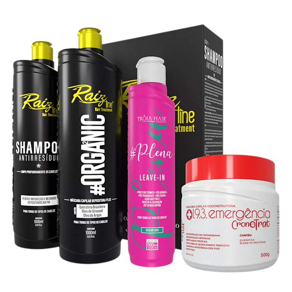 Escova Progressiva Raiz Line + Leave-in Plena 500ml Tróia Hair + Máscara Emergência Qatar Hair