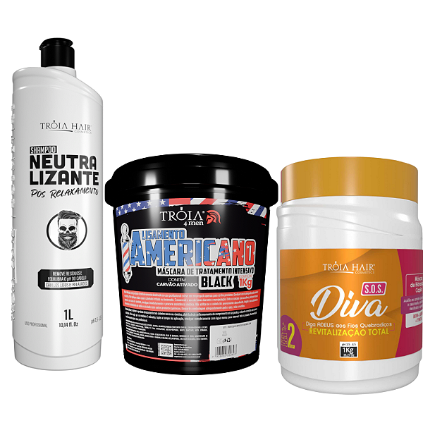 Kit Tróia Hair: Alisamento Black 1kg + Neutralizante 1L + Máscara 1kg