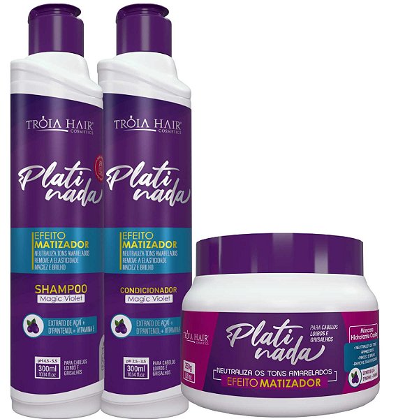 Kit Platinada - Completo para Cabelos Loiros, Iluminados, Grisalhos e Platinados Troia Hair 850ml