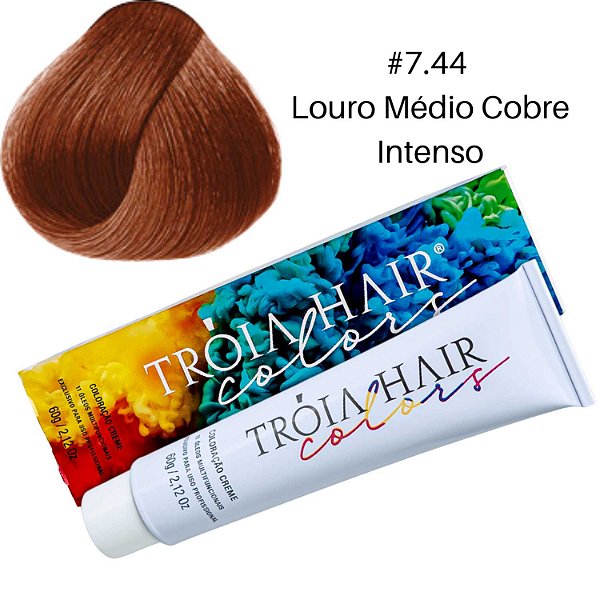 Coloração em Creme Permanente Louro Médio Cobre Intenso #7.44 - Troia Hair colors 60g