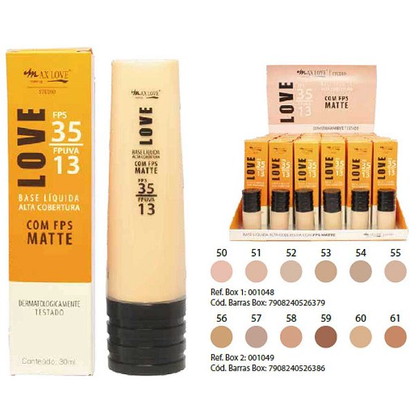 BOX C/ 42 BASE LÍQUIDA MATTE ALTA COBERTURA FPS 35 MAX LOVE — TONS SORTIDAS 50 ao 55